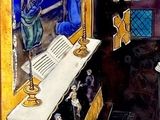 a painting of a man reading a book in a room