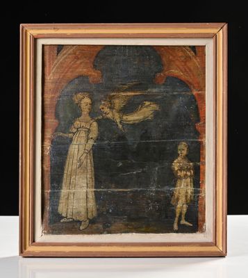 un vieux tableau représentant une femme tenant un oiseau dans la main
