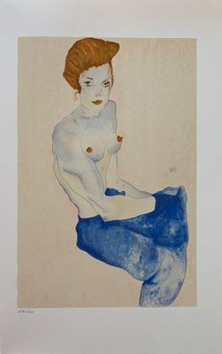 Egon Schiele - Seated Girl with Bare Torso and light Blue Sk…