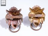 two metal lion heads that are attached to a ring