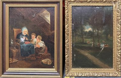 deux tableaux représentant une femme et deux enfants assis sur une chaise