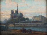 peinture d'une vue d'une ville avec un pont sur une rivière