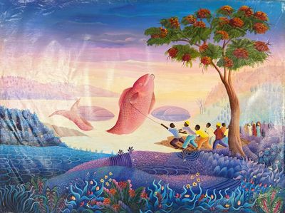 un tableau représentant des personnes dans un bateau sur l'eau