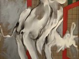 a painting of a dog that is standing in front of a door