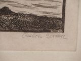 a black and white drawing of a lighthouse on a hill