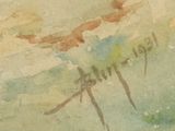 a watercolor painting of a person on a surfboard in the ocean