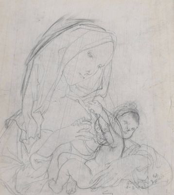 un vieux dessin représentant une femme tenant un bébé sur ses genoux