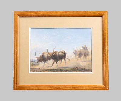 painting of a herd of cattle running across a desert plain