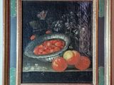 une peinture à l'huile représentant un bol de tomates et de pommes posé sur une table