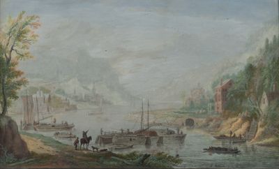 painting of a view of a river with boats and people on the shore