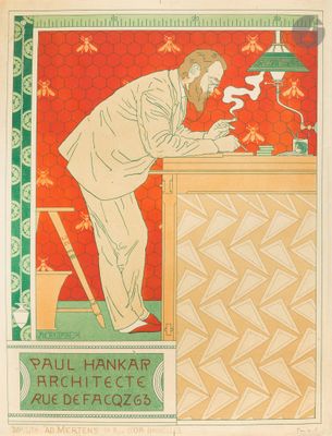 une image d'une affiche vintage représentant un homme travaillant à son bureau
