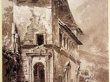 dessin représentant un vieux bâtiment avec un homme à cheval devant