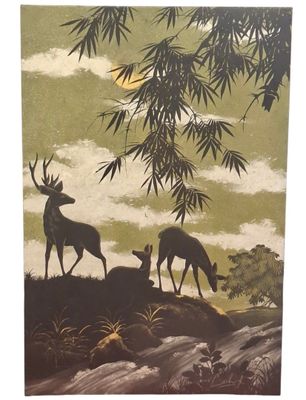 un tableau représentant deux cerfs debout au sommet d'une colline, sous un arbre