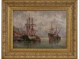 un tableau représentant des bateaux dans un port, avec le ciel en arrière-plan