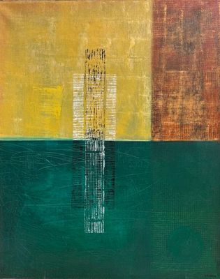 a painting of a tall building in the middle of a green and yellow field