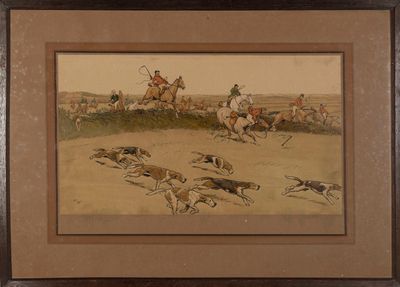 tableau représentant un groupe d'hommes à cheval poursuivant une meute de chiens