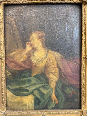 un vieux tableau représentant une femme en robe verte, assise sur une chaise