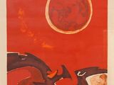 une image représentant un tableau avec un fond rouge et un soleil rouge à l'arrière-plan