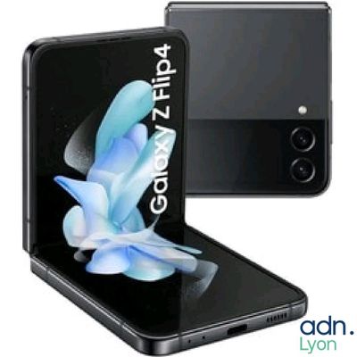 l'arrière d'un téléphone Samsung Galaxy Fold noir, avec une fleur bleue sur l'écran