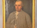 an old painting of a man in a gray coat and white shirt