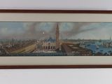 peinture d'une vue d'une ville avec une tour d'horloge au loin