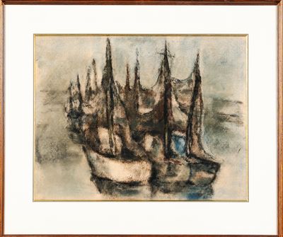 a painting of a group of boats in a body of water