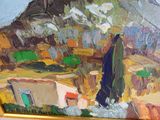 a painting of a woman standing in front of a mountain