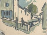 an image of a painting of a street scene with people sitting on a bench