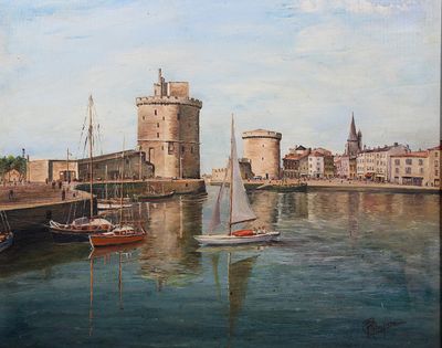 peinture de bateaux dans un port avec un château en arrière-plan