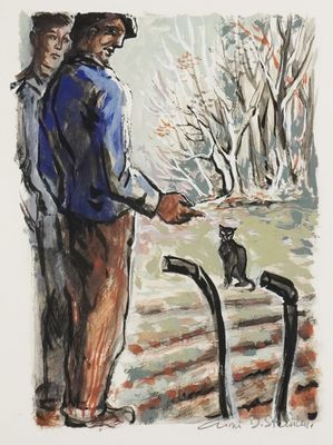 painting of two men standing next to each other with a cat sitting on a park bench