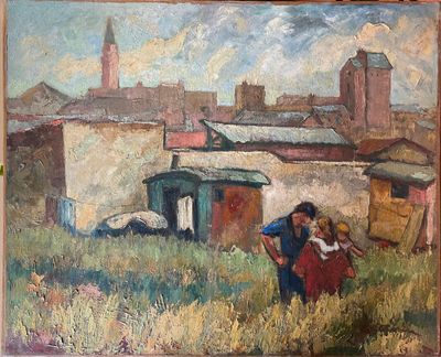 painting of a man and a woman in a field with buildings in the background