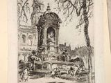 a picture of a drawing of a fountain in a park
