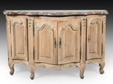 an old wooden cabinet with marble top and two doors