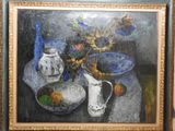 a painting of a painting of a vase and a bowl of fruit on a table