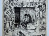 un vieux dessin représentant un groupe de personnes devant un bâtiment