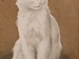 tableau représentant un chat blanc aux yeux bleus, assis sur une surface marron