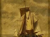 une peinture représentant un voilier sur l'eau, avec d'autres bateaux en arrière-plan