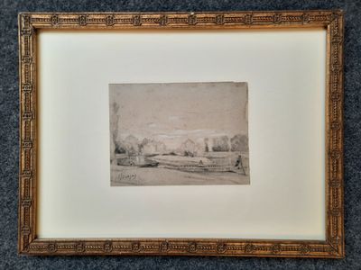 une photo d'un tableau représentant un paysage, dans un cadre doré