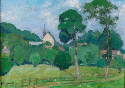 an oil painting of a green field with trees and a church in the distance