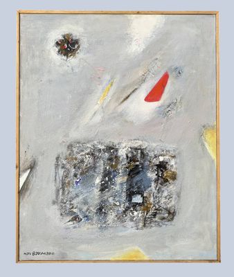 an image of a painting of a white and red object on a blue background