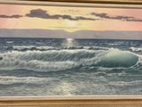 a picture of a painting of a sunset over the ocean