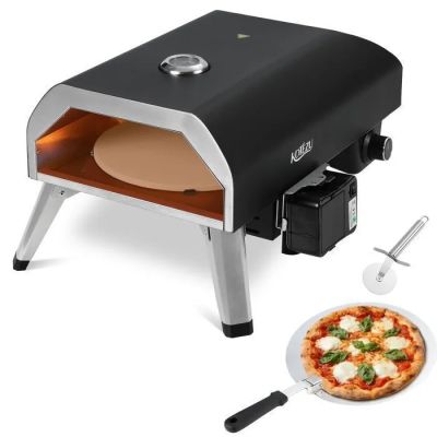 a pizza oven with a pizza on it next to a pan of pizza