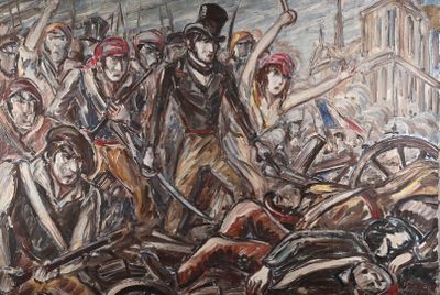 painting of a painting of a group of people on a city street