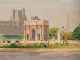 tableau représentant un tableau d'un bâtiment situé dans un parc, avec une fontaine au premier plan