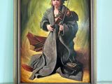painting of a woman with a gun in a room with a blue wall