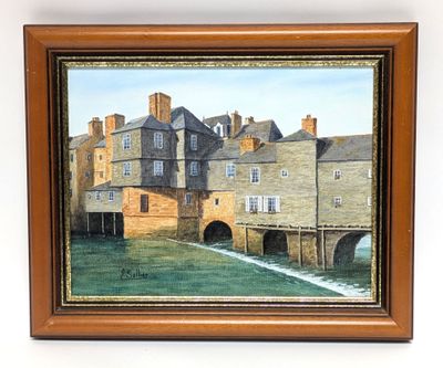 painting of a painting of a bridge over a river with a building in the background