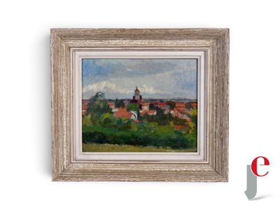 une peinture à l'huile d'un paysage avec une église au loin