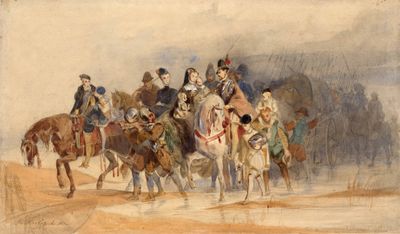 tableau représentant un groupe d'hommes à cheval dans un champ