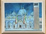 a painting of a building with a clock tower in the background