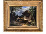 un tableau représentant un homme assis sur un banc devant une maison